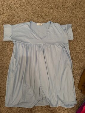 Soft Light Blue V-Neck Mini Dress with Gathered Empire Waist